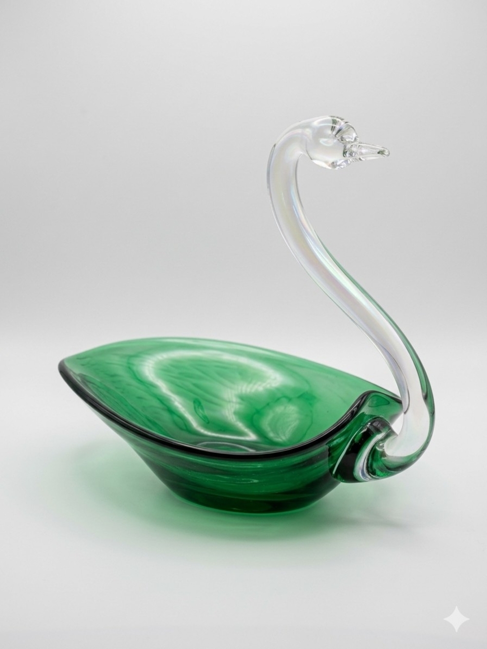 Green Glass Swan Decorative Bowl with Clear Neck